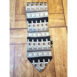 Mosaic Striped Geometric Cream Black Khaki Gold Silk Handmade Pointed Tie